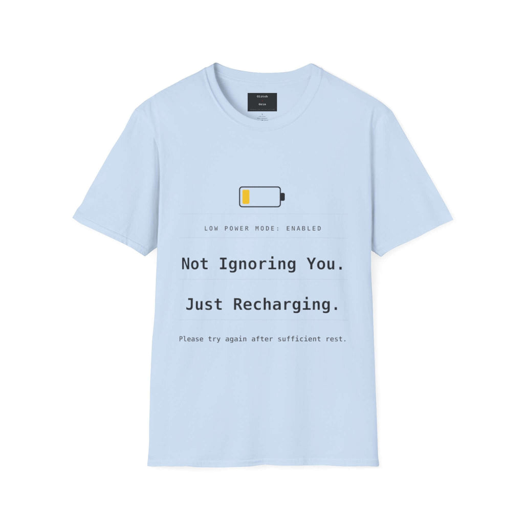 Funny Introvert T-Shirt with low power mode design featuring a humorous battery warning.