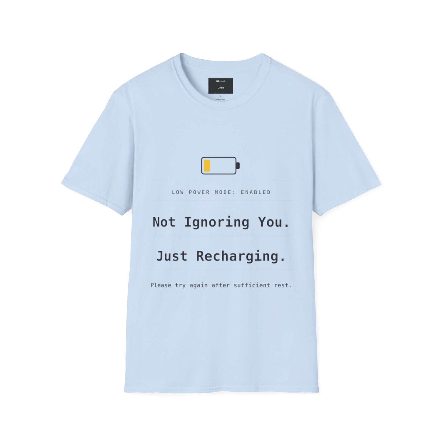 Funny Introvert T-Shirt with low power mode design featuring a humorous battery warning.