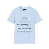 Funny Introvert T-Shirt with low power mode design featuring a humorous battery warning.