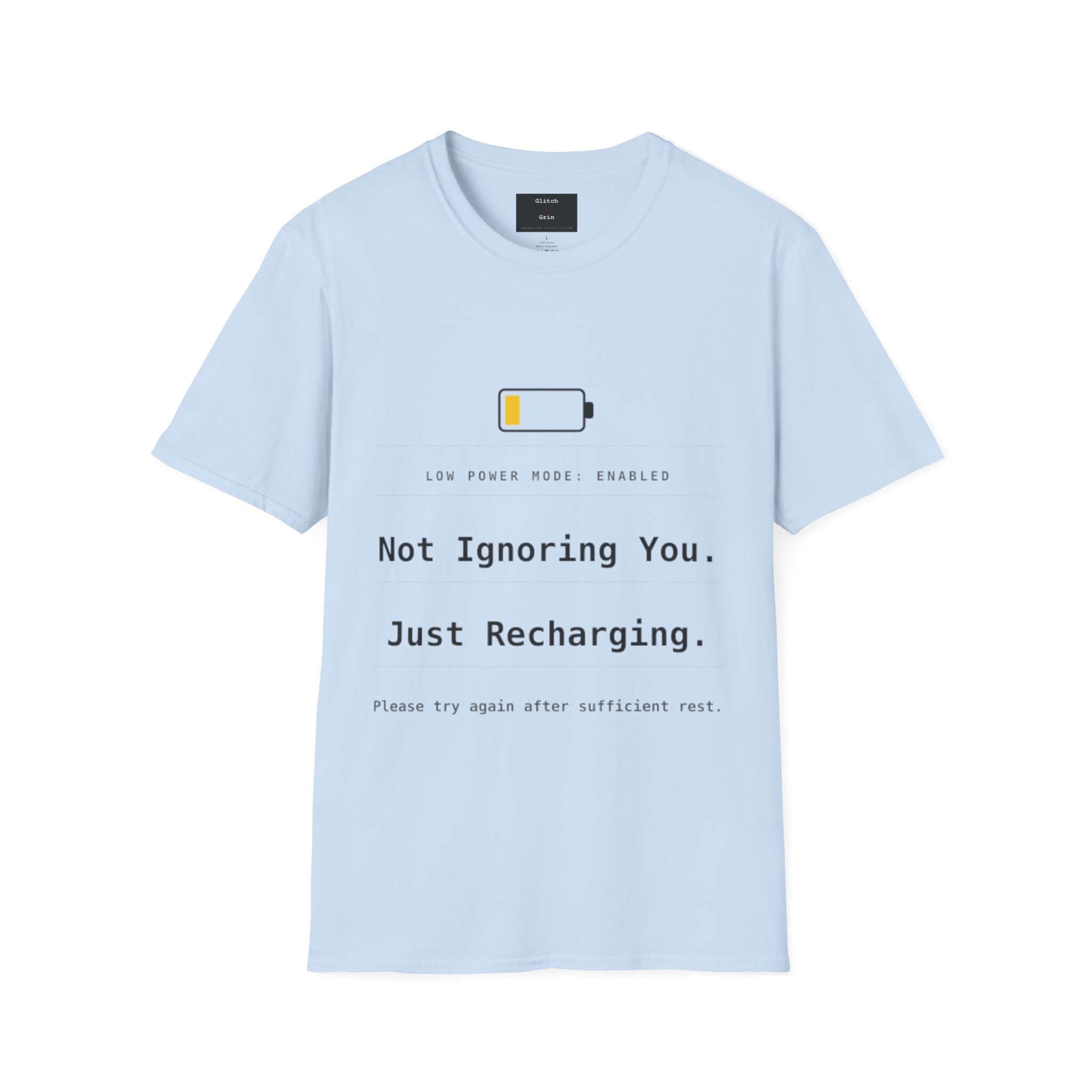 Funny Introvert T-Shirt with low power mode design featuring a humorous battery warning.