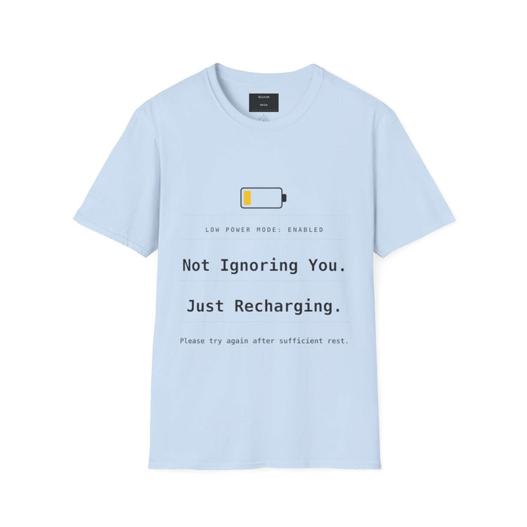 Funny Introvert T-Shirt with low power mode design featuring a humorous battery warning.