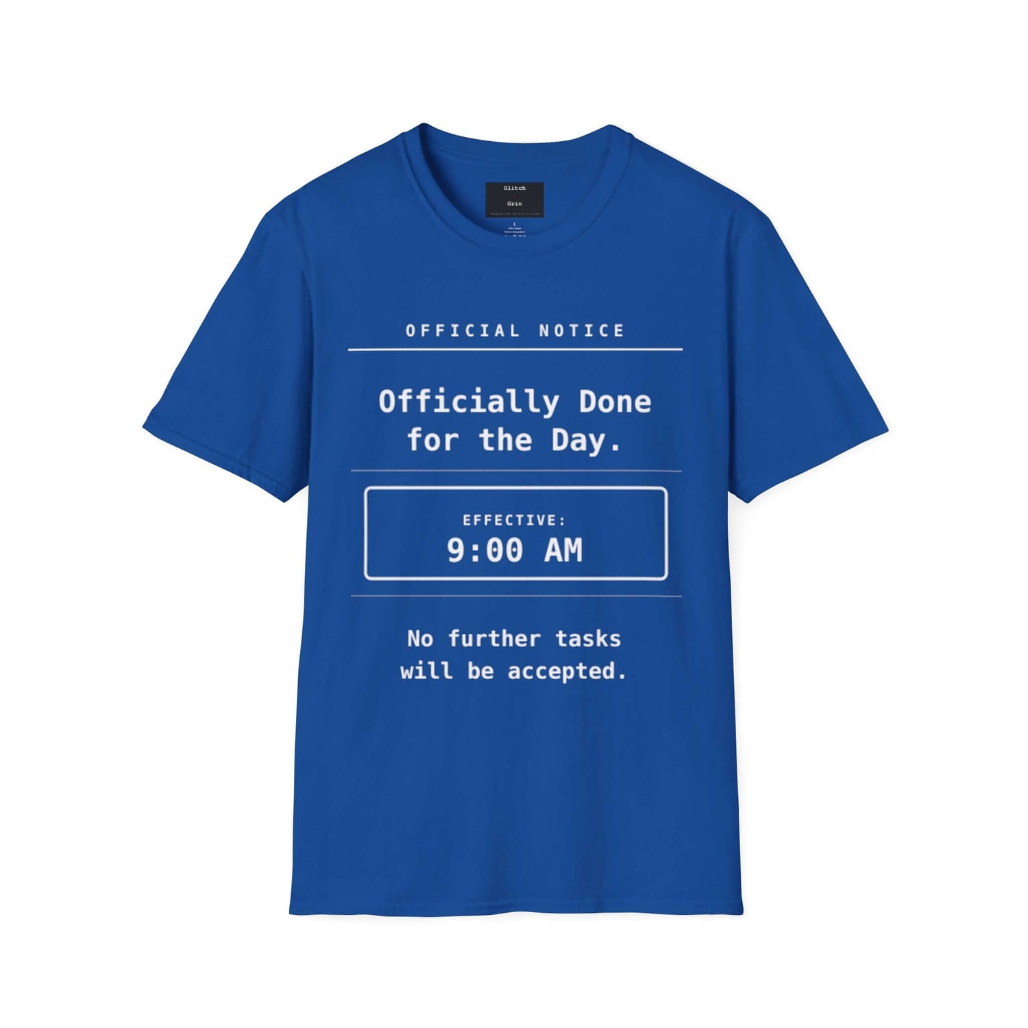 Funny Work T-Shirt - Officially Done for the Day tee worn by a woman sitting on a couch.