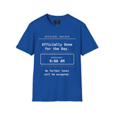 Funny Work T-Shirt - Officially Done for the Day tee worn by a woman sitting on a couch.