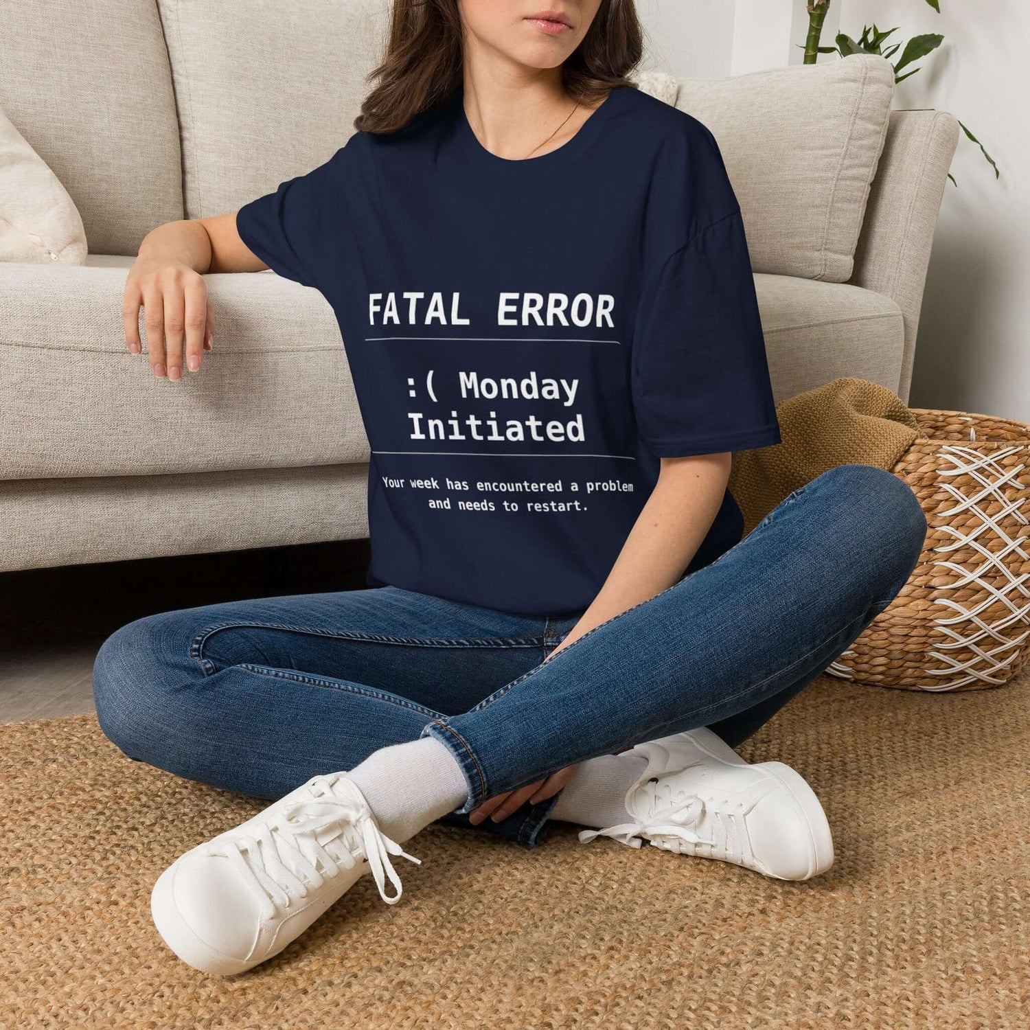 Funny Monday T-Shirt featuring "FATAL ERROR :( Monday" text design on a navy unisex tee.