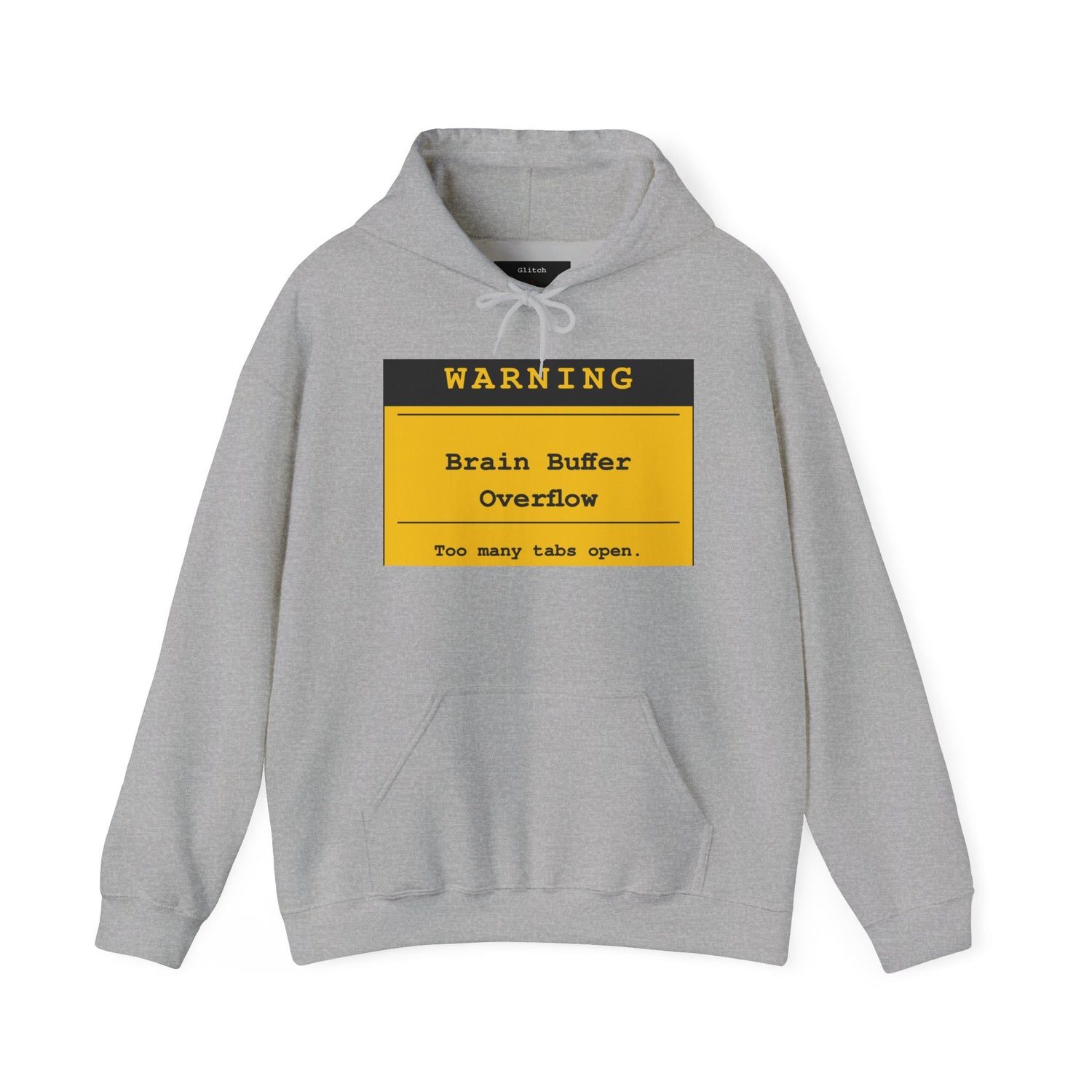 Programmer Hoodie featuring a warning design with Brain Buffer Overflow and humor about too many tabs open.