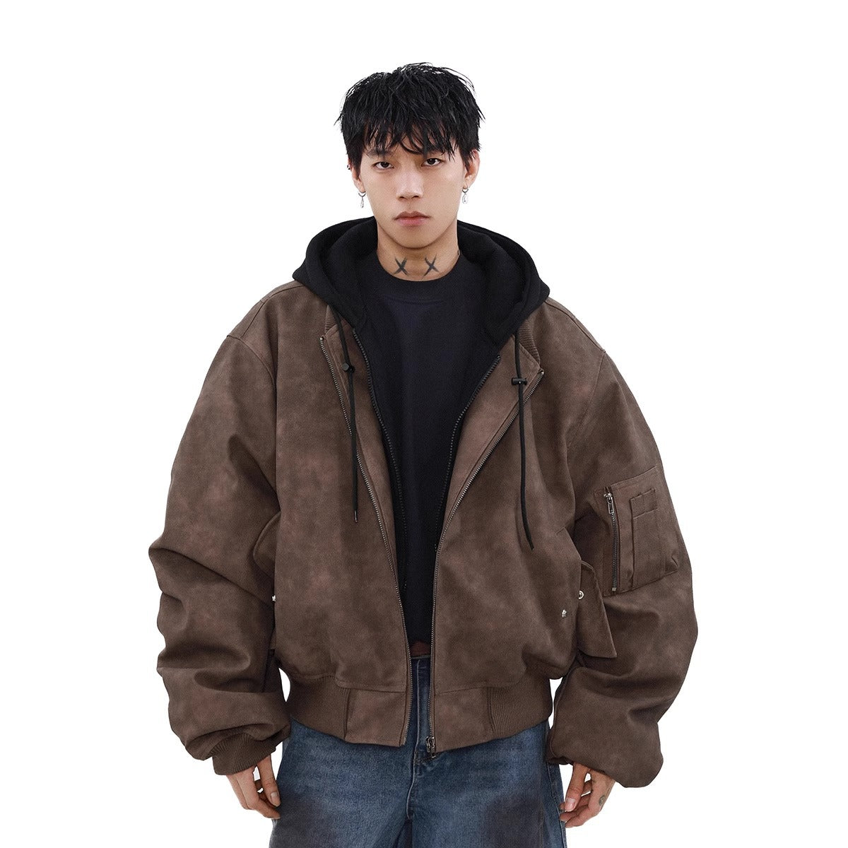 Loose Casual Hooded Coat Idle Style False Two-piece Jackets