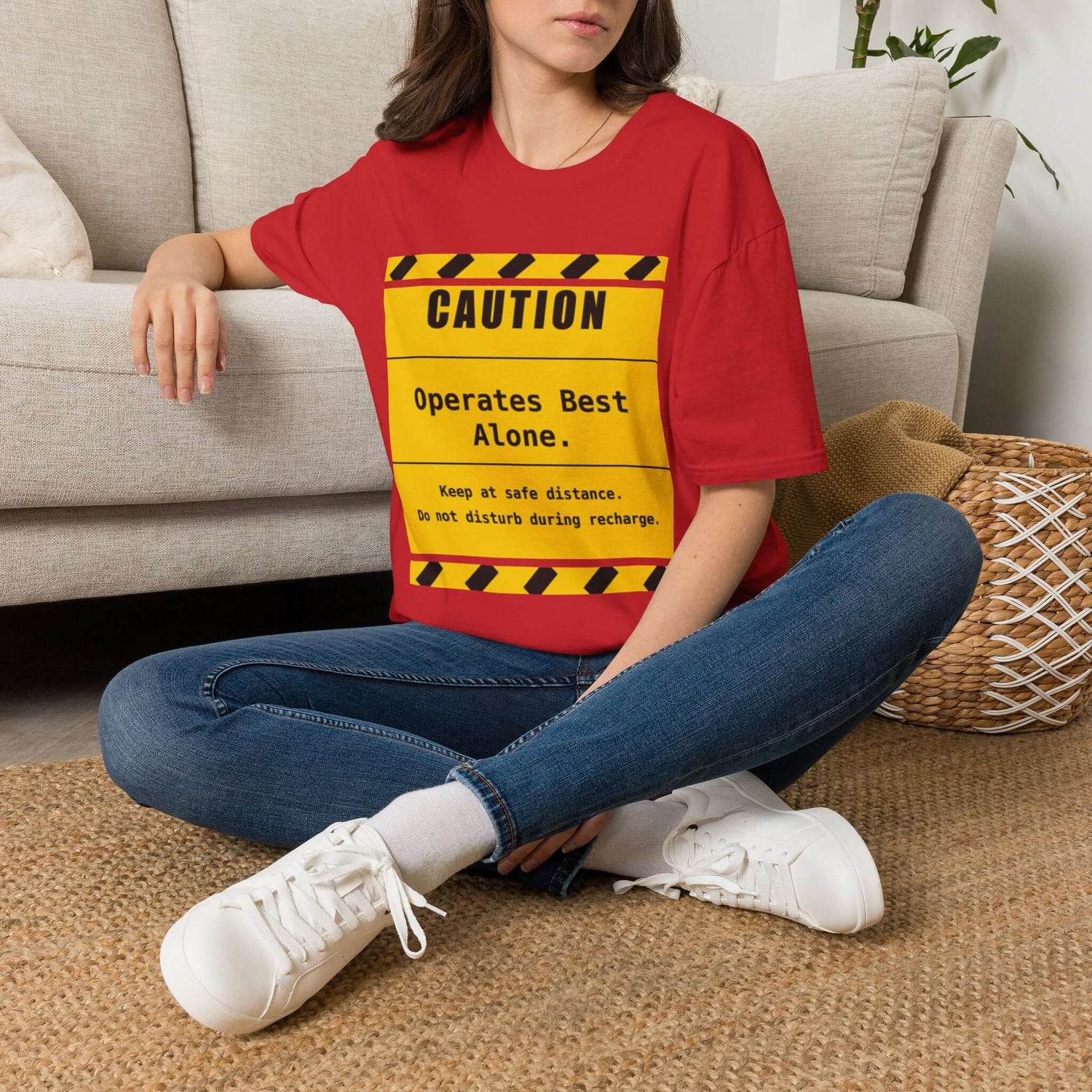 Funny Introvert T-Shirt featuring a warning label design that reads &
