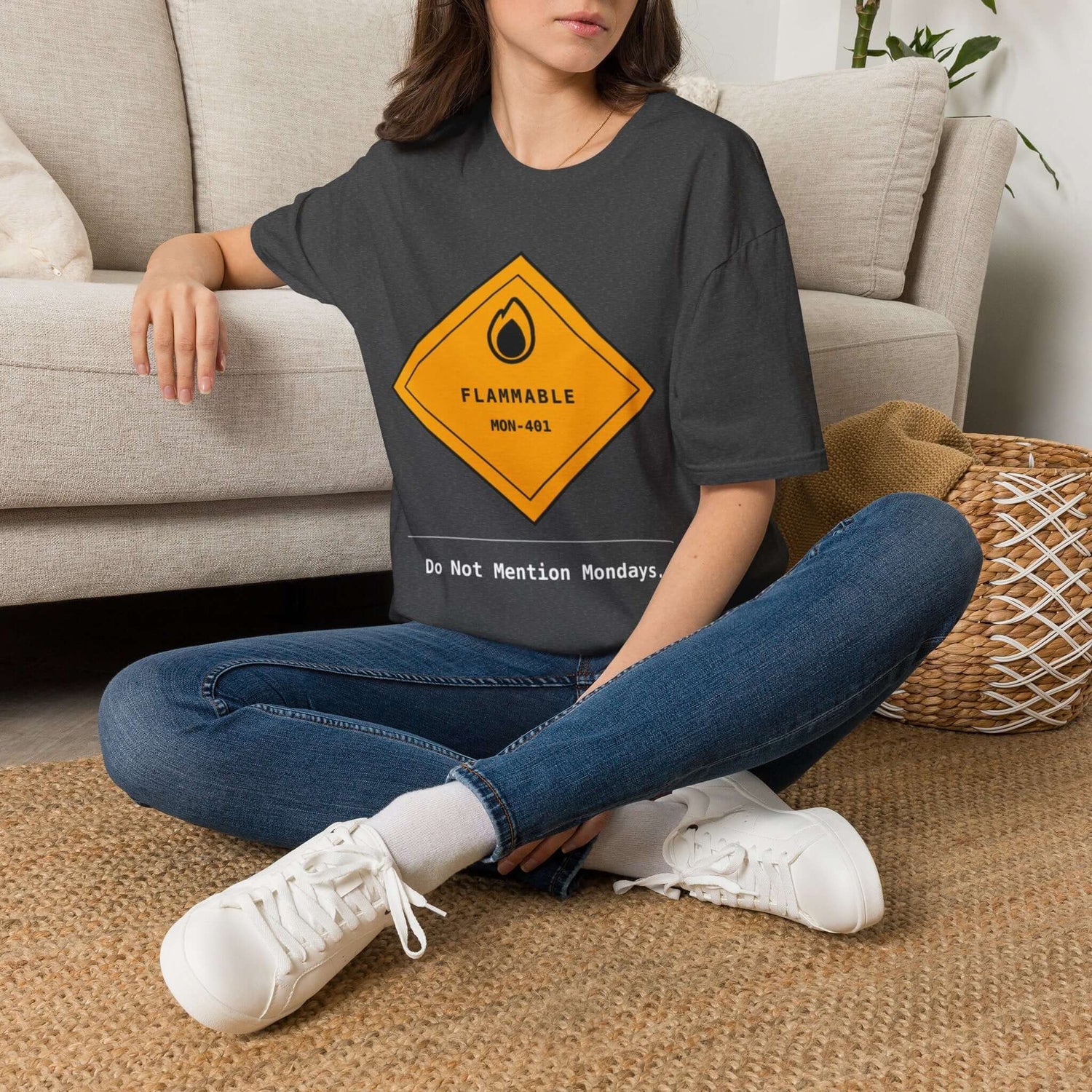 Funny Monday T-Shirt displayed on dark heather fabric with a flammable hazard graphic and MON-401 label.