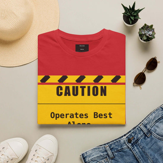 Funny Introvert T-Shirt featuring a warning label design that reads &