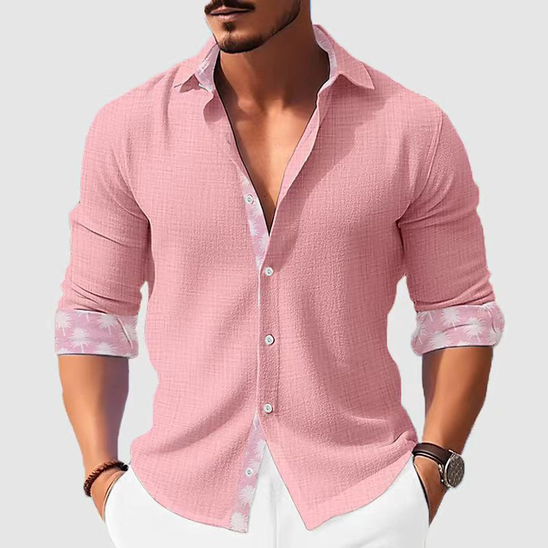 Printed Men's Clothing Fashion Long Sleeve Shirt in pink with floral details, featuring a loose cardigan style.