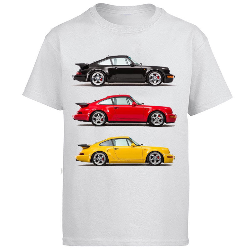 Car Racing Graphic T Shirt showcasing classic Porsche cars in black, red, and yellow, perfect for car lovers.