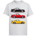 Car Racing Graphic T Shirt showcasing classic Porsche cars in black, red, and yellow, perfect for car lovers.